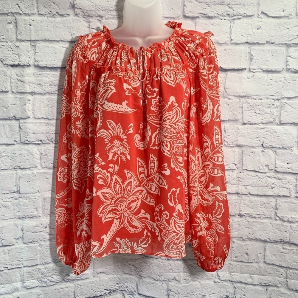 Evereve Womens Med‎ Lined Chiffon Top Blouse Gathered Red Floral 3/4 Sleeve NWT